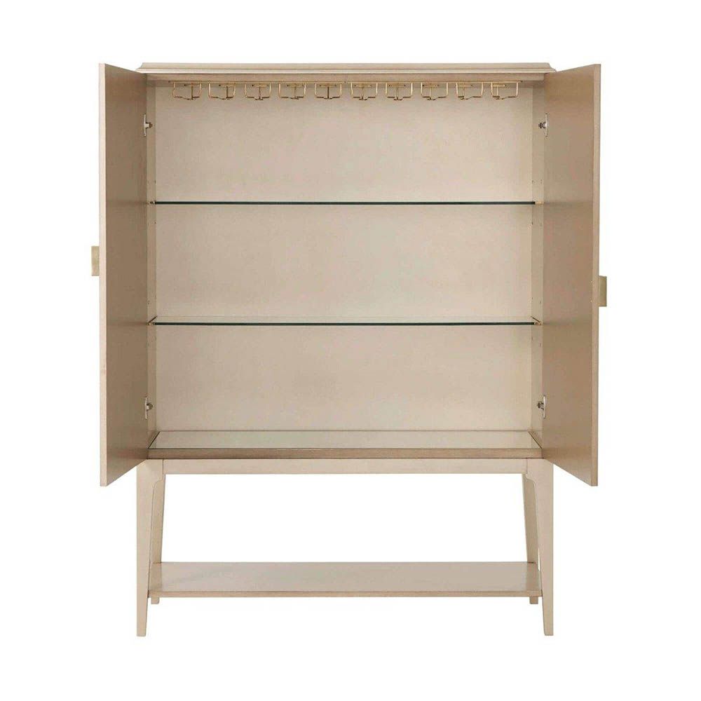 Natural wooden bar cabinet with adjustable glass shelves and hangers