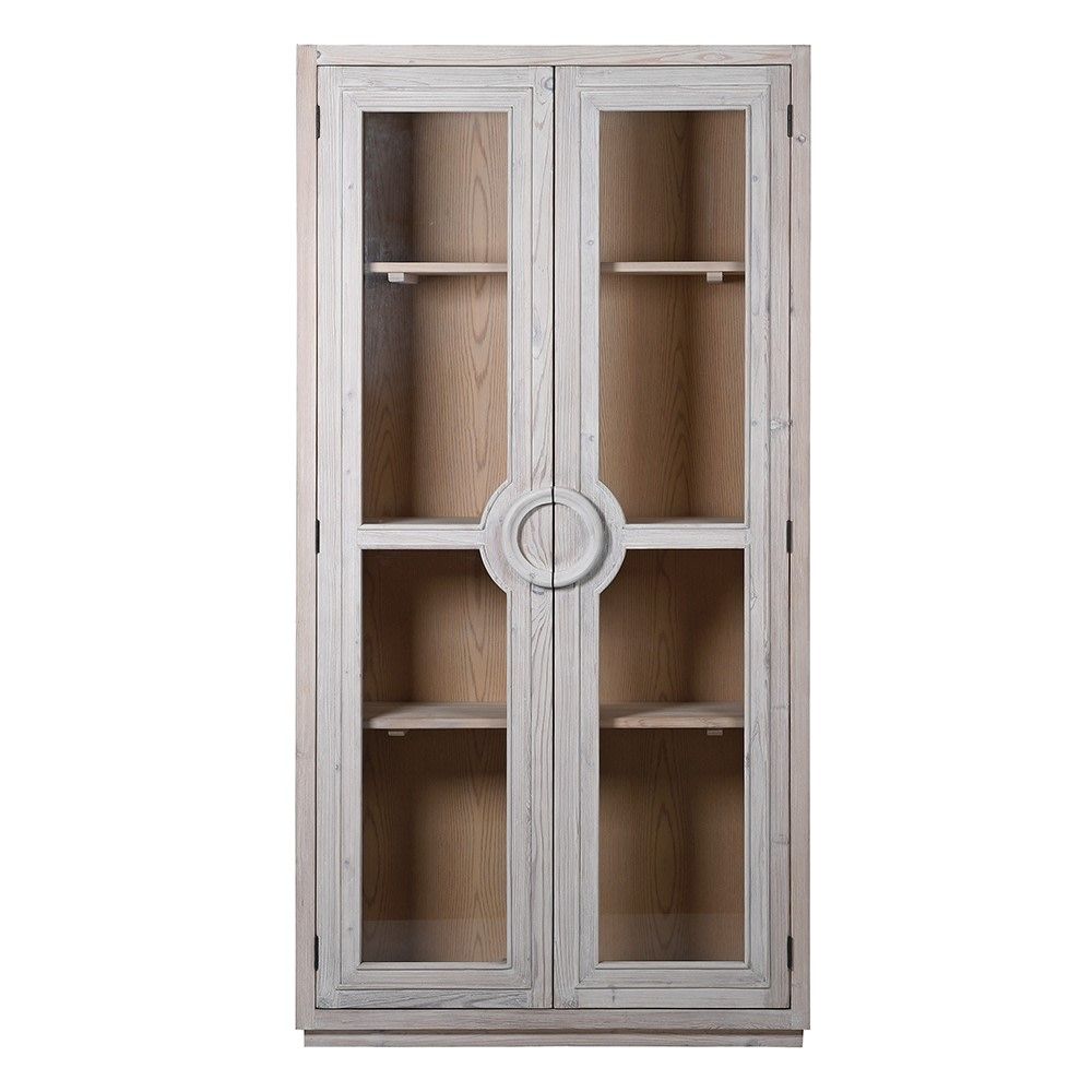 glass door washed wood display cabinet