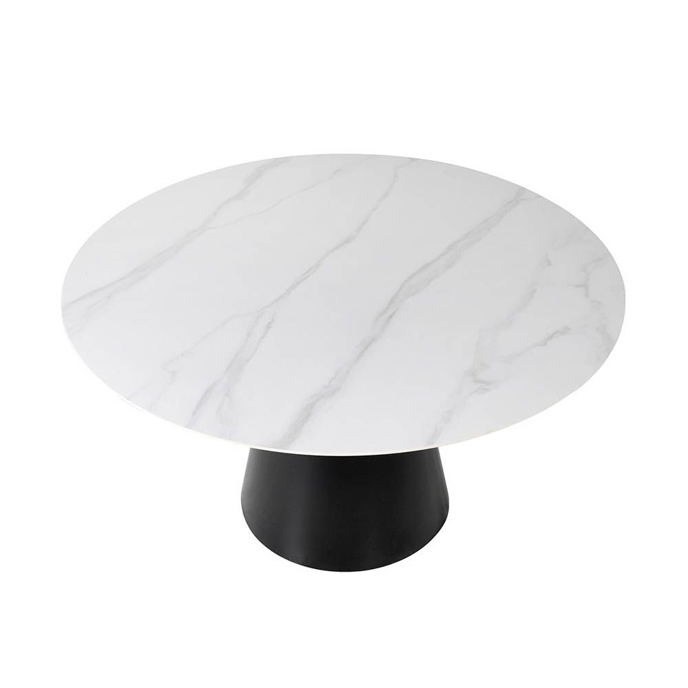 Chic, round, white marble surface dining table with plinth base