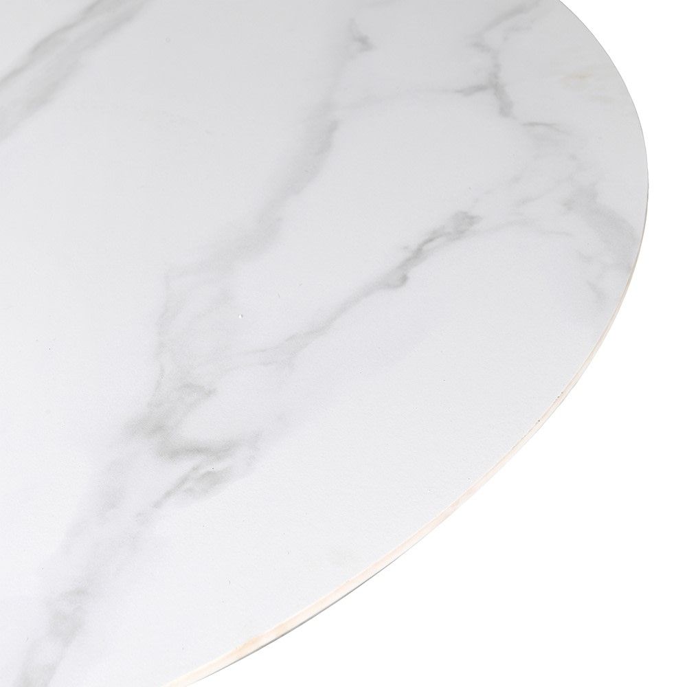 Chic, round, white marble surface dining table with plinth base