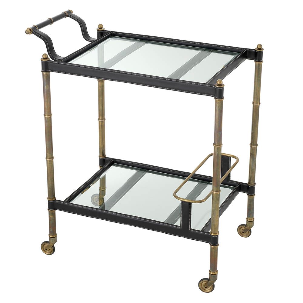 Vintage brass trolley with black leather accents 
