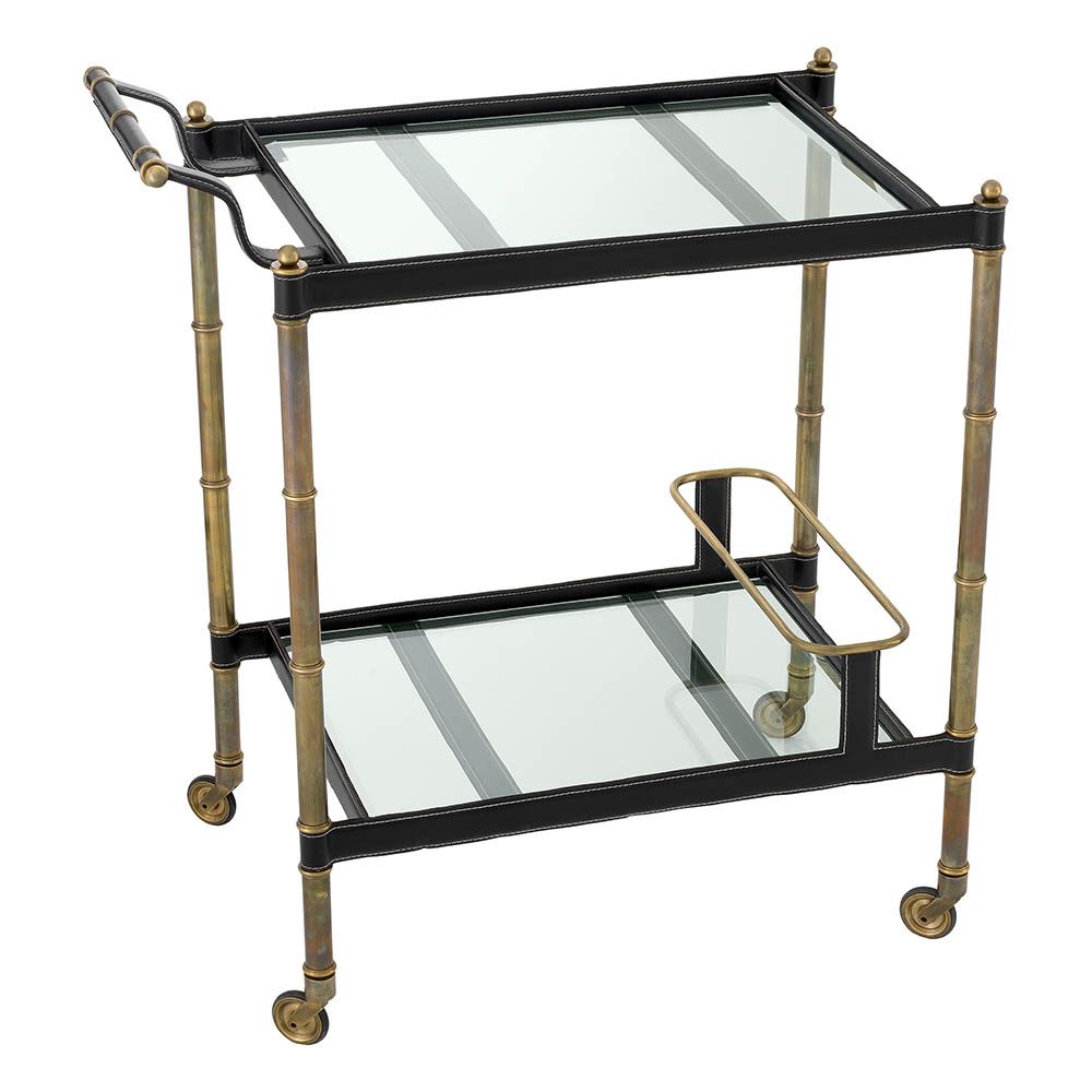 Vintage brass trolley with black leather accents 