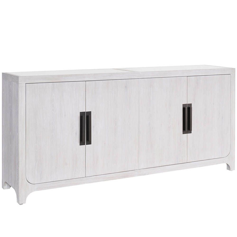 Weathered grey wooden sideboard with sleek metal hardware