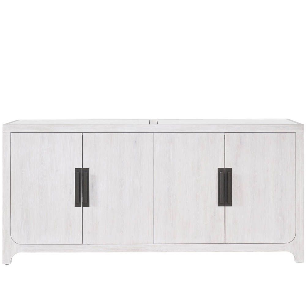 Weathered grey wooden sideboard with sleek metal hardware