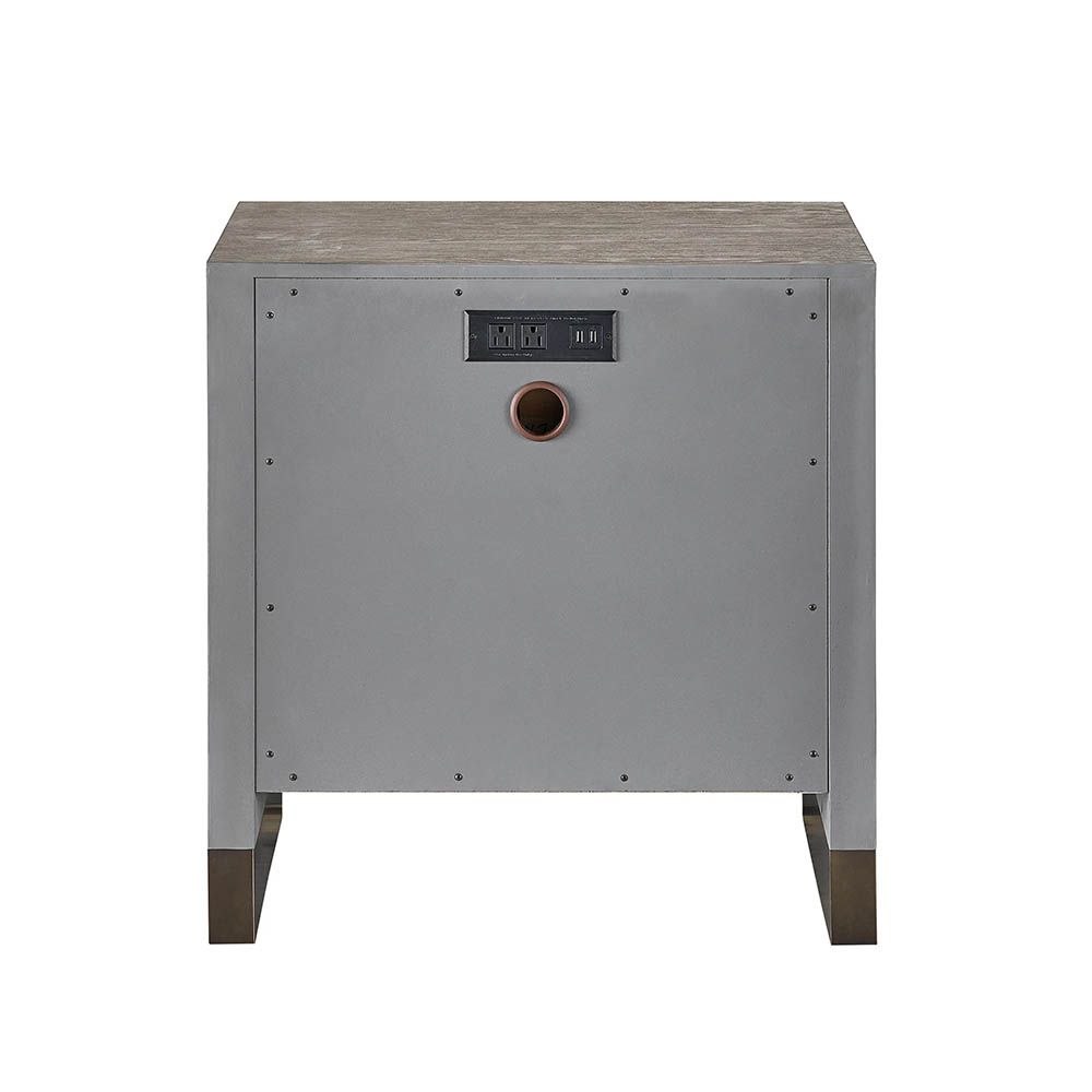 Sophisticated taupe linen bedside table with oak exterior