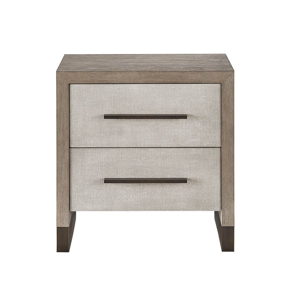 Sophisticated taupe linen bedside table with oak exterior