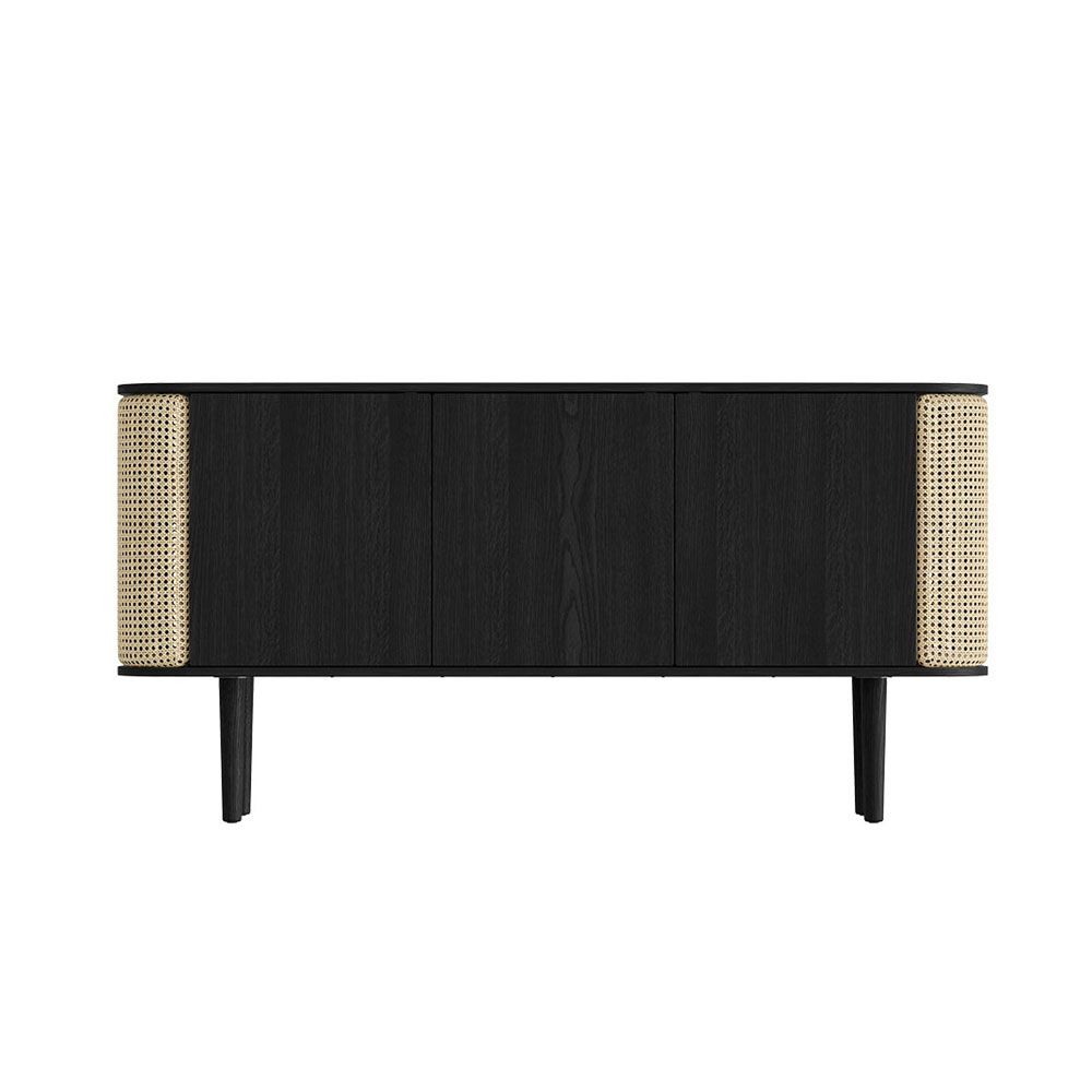 A stunning black oak and cane 3-door cabinet with contrasting rattan detailing