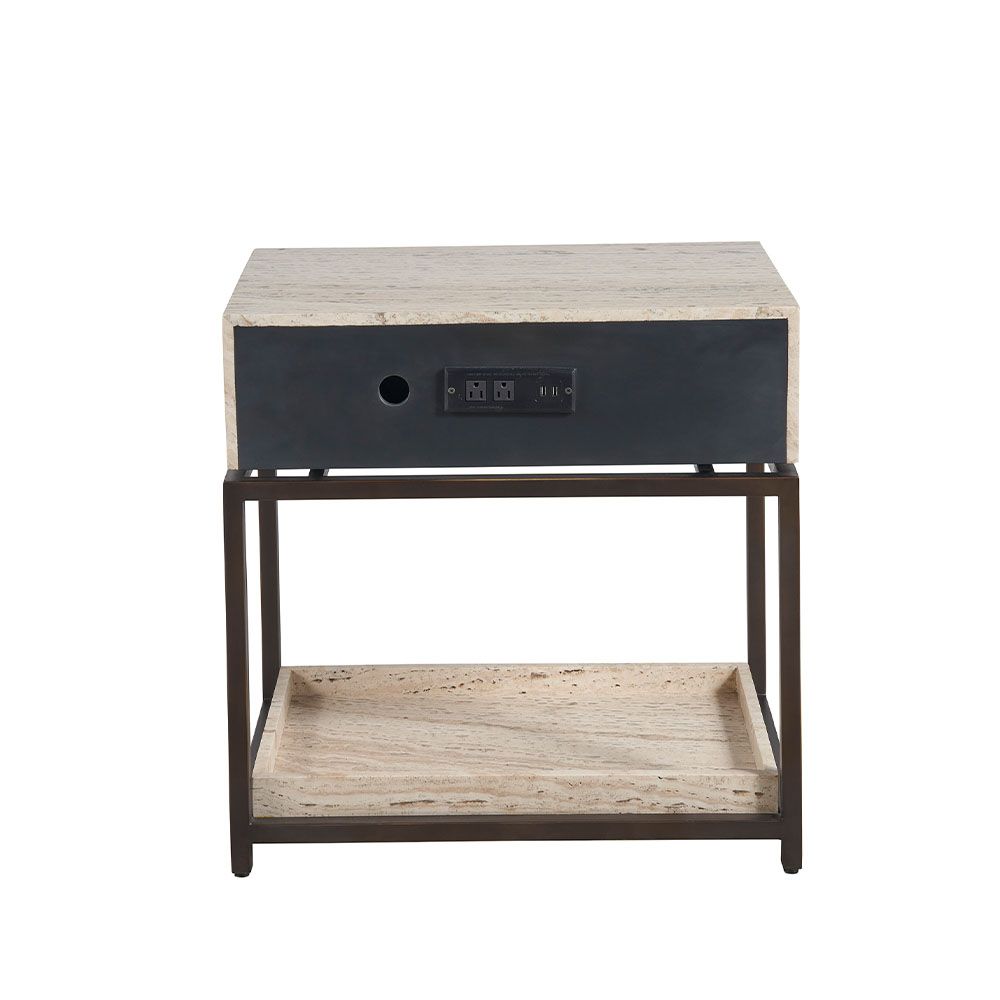 Sublime Travertine Bedside Table framed by gorgeous dark metalwork