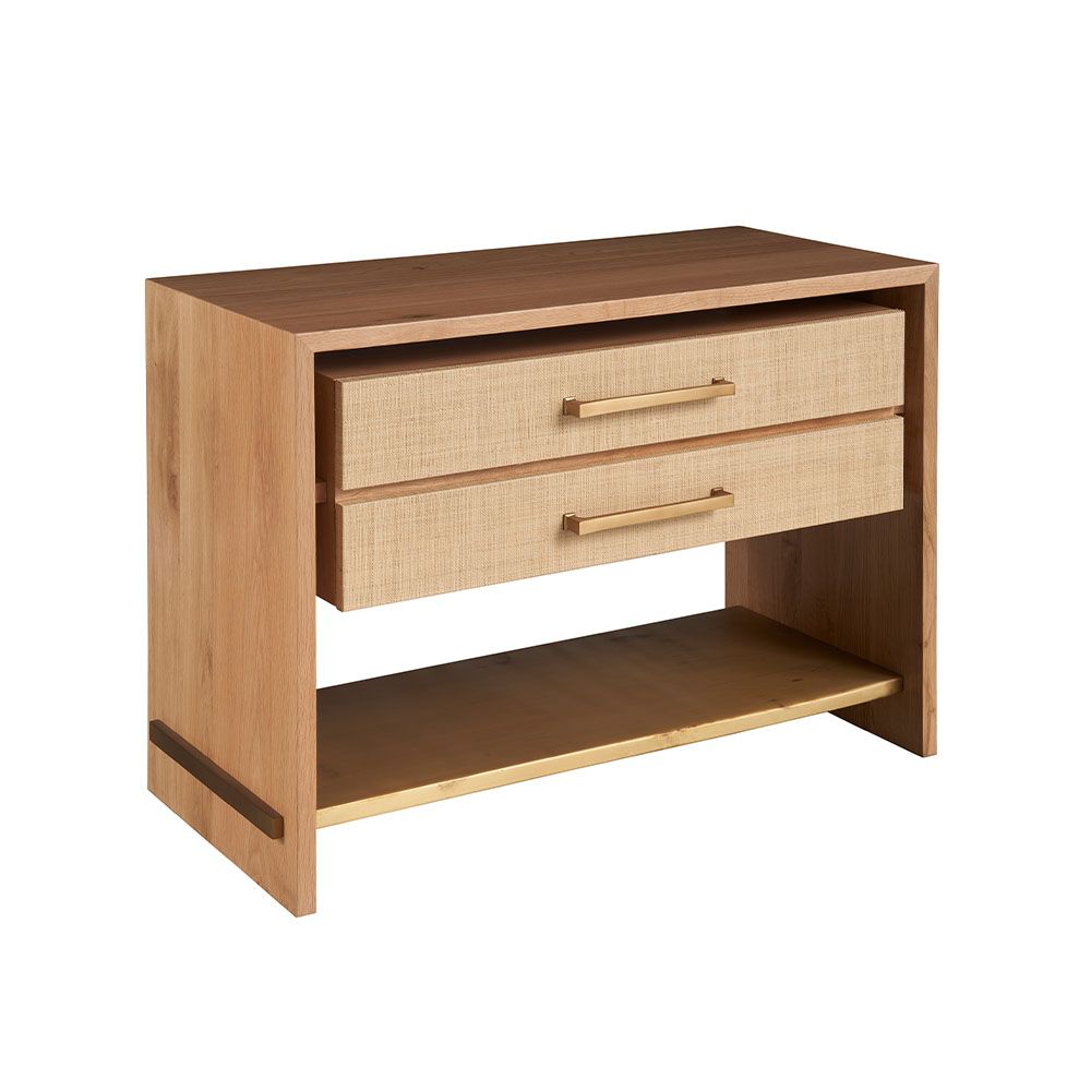 Bedside Table composed of two drawers, a gorgeous natural wood finish and beautifully crafted gold-finish hardware