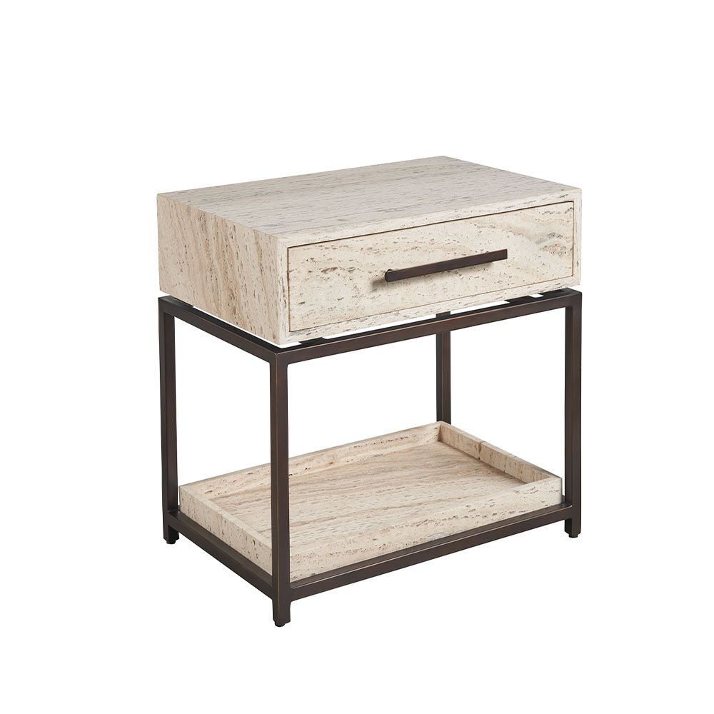 Sublime Travertine Bedside Table framed by gorgeous dark metalwork