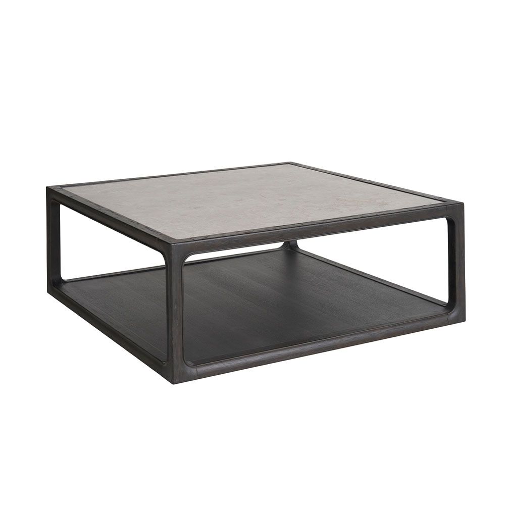 Dark finish square coffee table with lower shelf