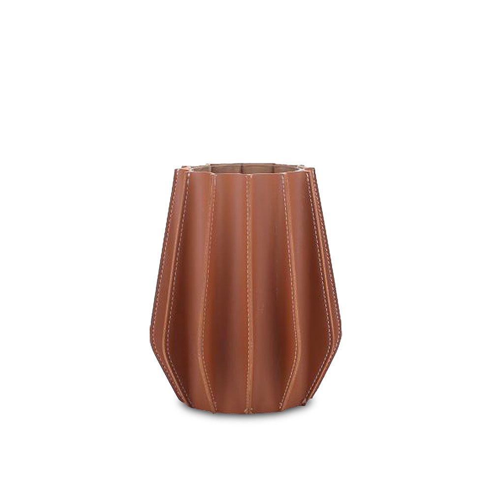 Stunning vase composed of brown leather and glass