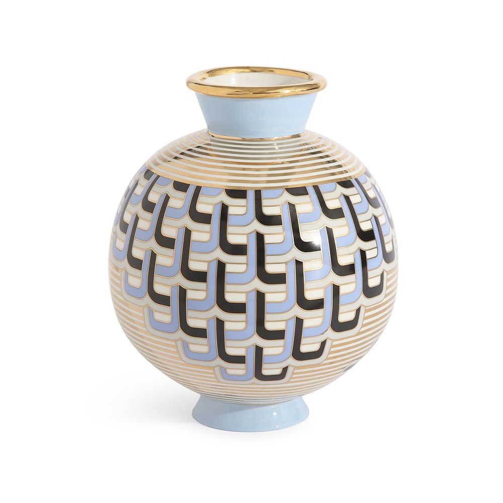 A chic and classique patterned vase by Jonathan Adler with a pastel blue high-fired porcelain and gold accents 