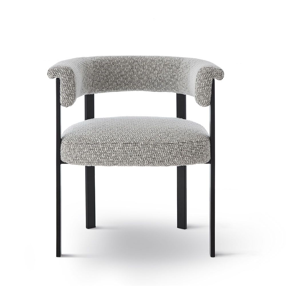 Elegant boucle upholstered dining chair in grey with black frame