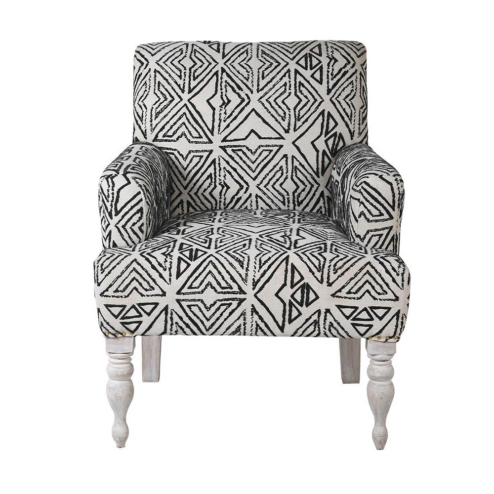 Glamorous black and white armchair featuring print pattern and mix matching legs