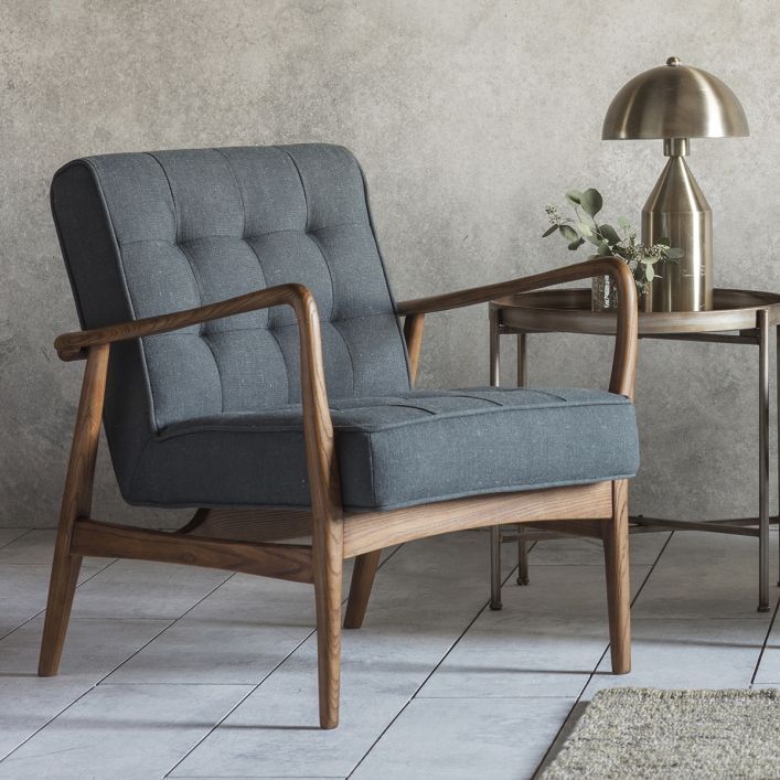 Mid-century style armchair with grey upholstered seat and oak frame