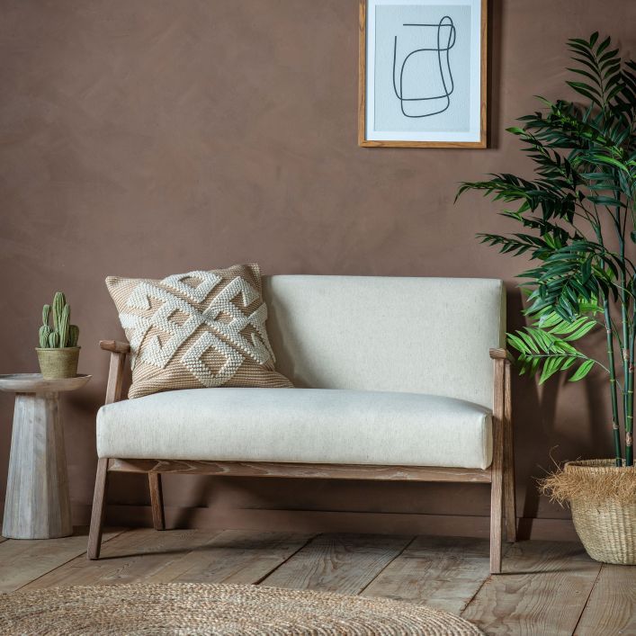 Mid-century style 2 seater sofa with natural linen upholstery