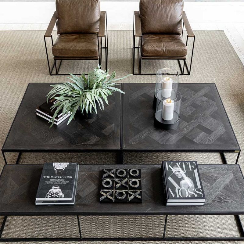 Square coffee table in dark brown with Matte black metal frame