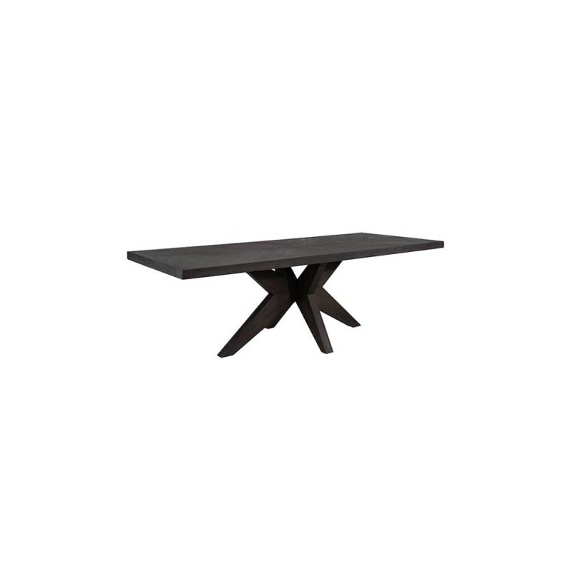 Dark brown rectangular dining table with angular base and flat tabletop
