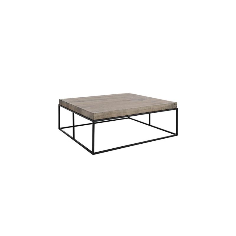 Square coffee table with black metal legs and wooden tabletop