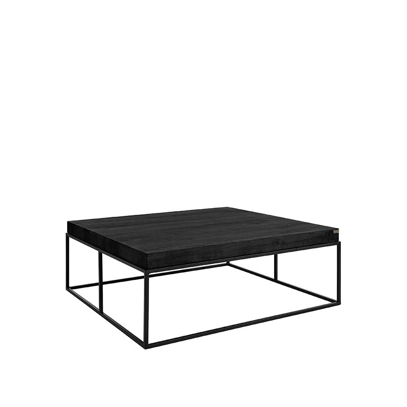 Square coffee table in matt black finish with 6cm wooden top and slender metal frame