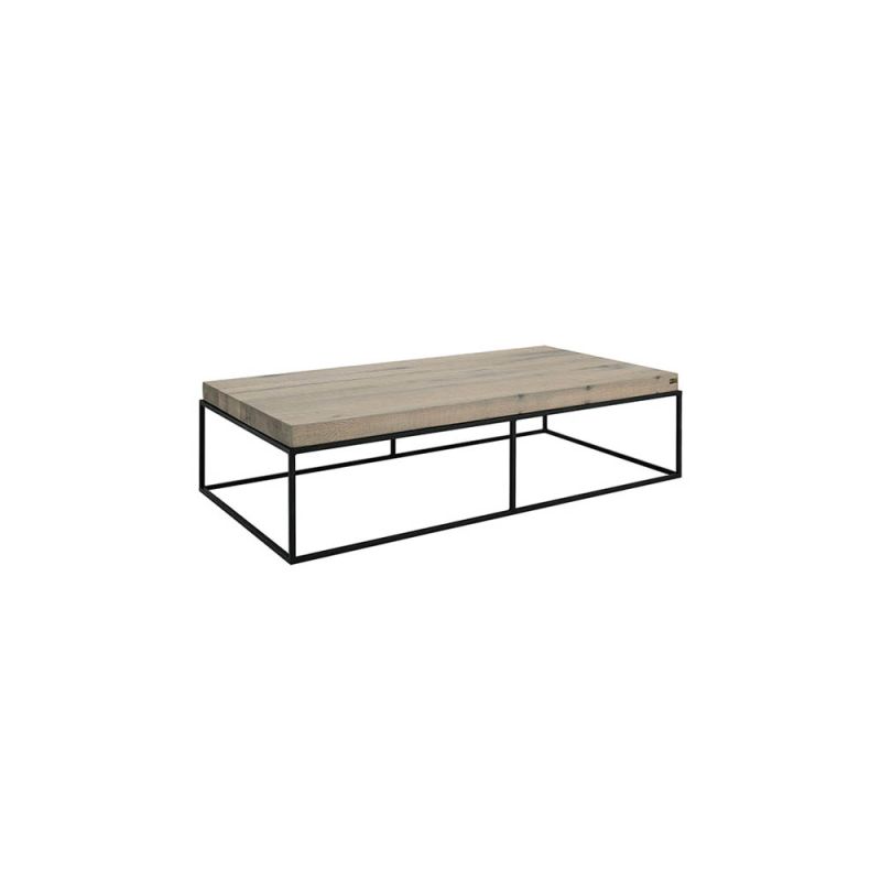 Rectangular coffee table with black metal legs and wooden tabletop