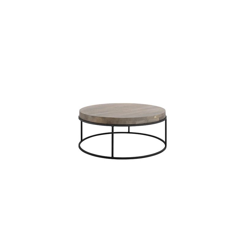 Round coffee table with black metal legs and wooden tabletop