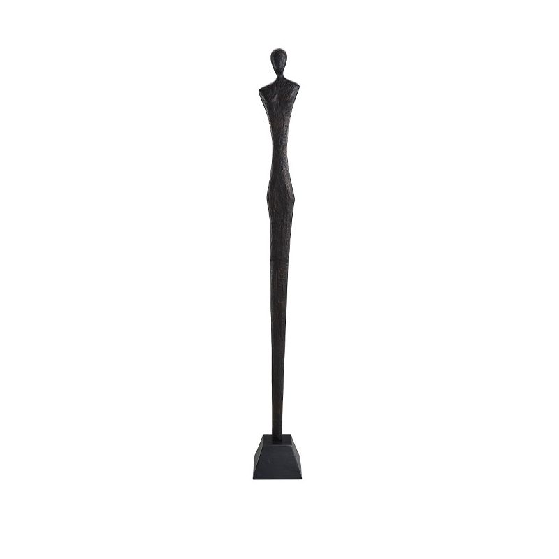Sleek metal sculpture of a human-like silhouette, in black finish. Floor standing size