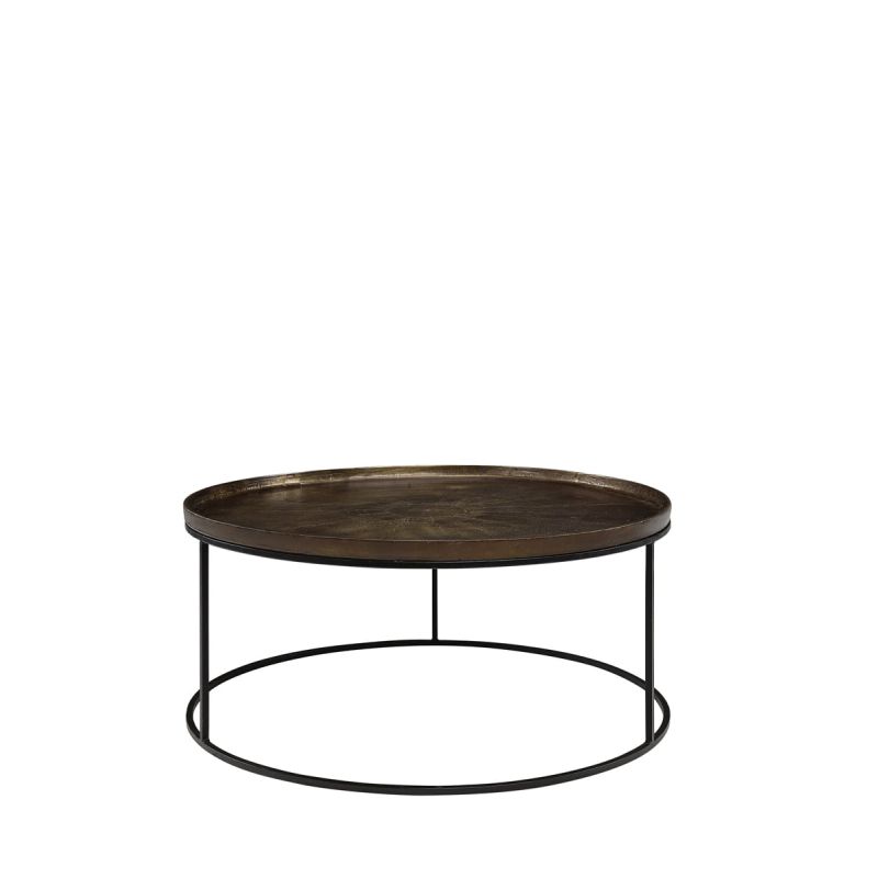 Round coffee table with black base and vintage brass finish top