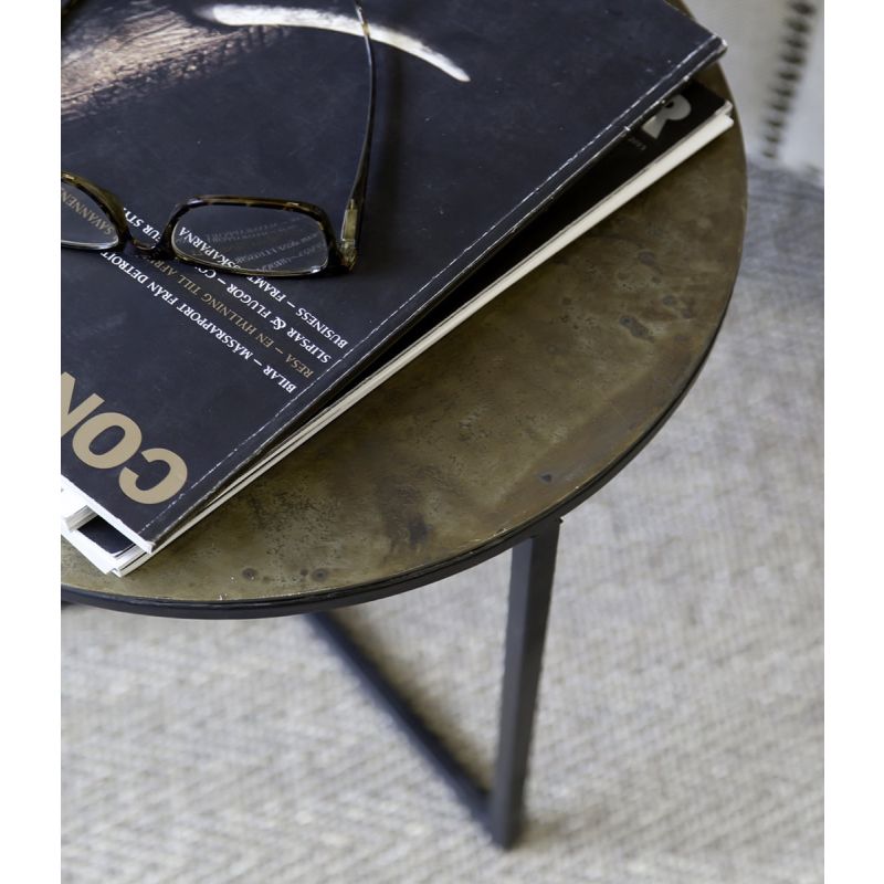Set of three side tables with black frame and vintage brass finish top