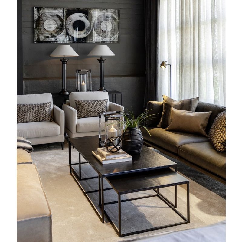 Set of three coffee tables with black metal frame and black wooden tabletop