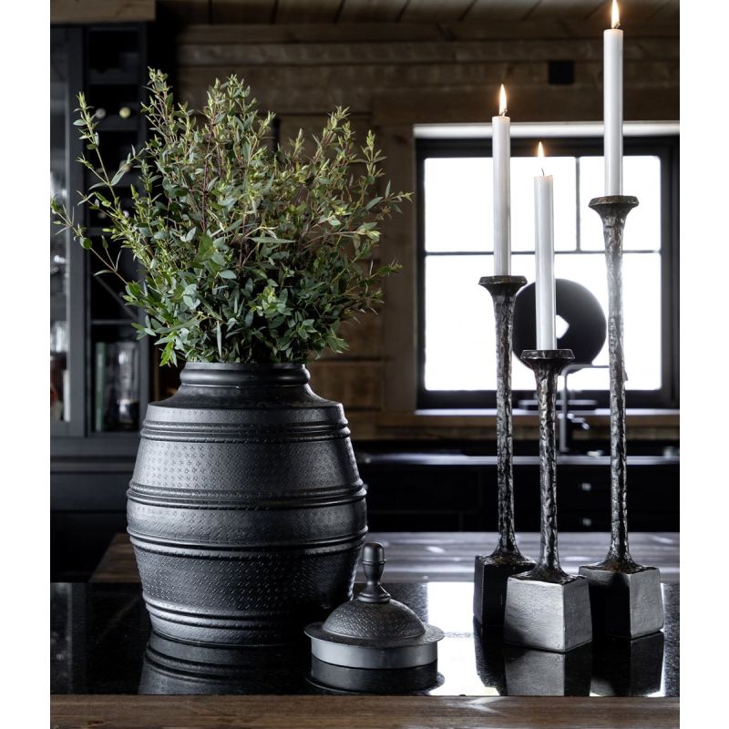 Large patterned jar with lid in black finish