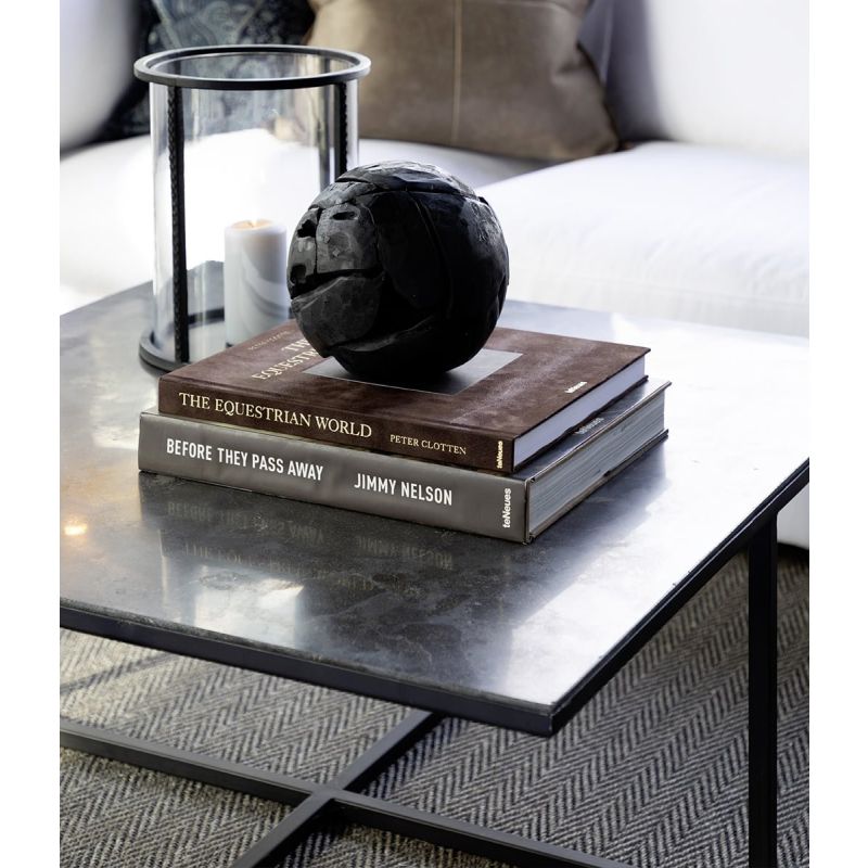 Square black coffee table with bluestone top