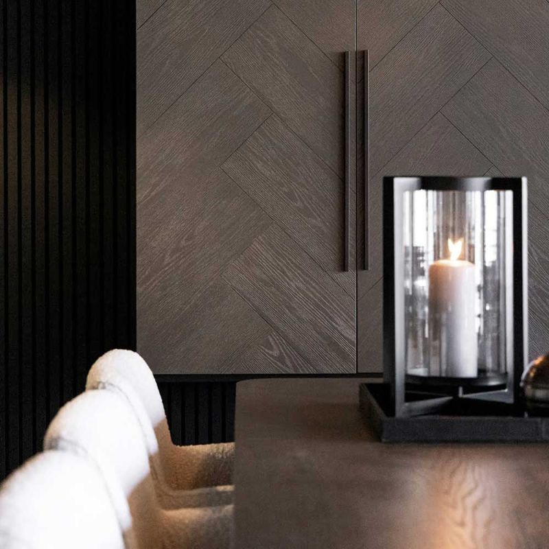 Floating wooden cabinet in walnut veneer and metal black frame