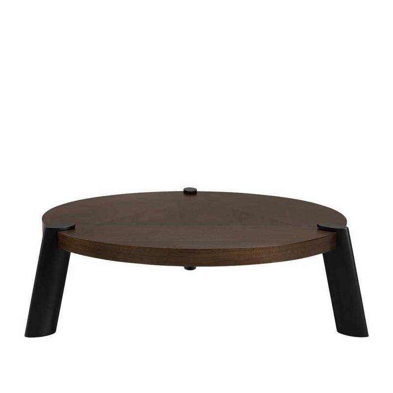 Small round coffee table with black metal legs and walnut veneer tabletop