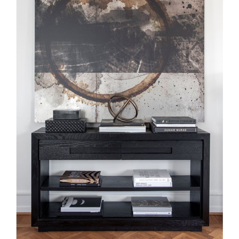 Black console table with two pull out drawers and lower shelves