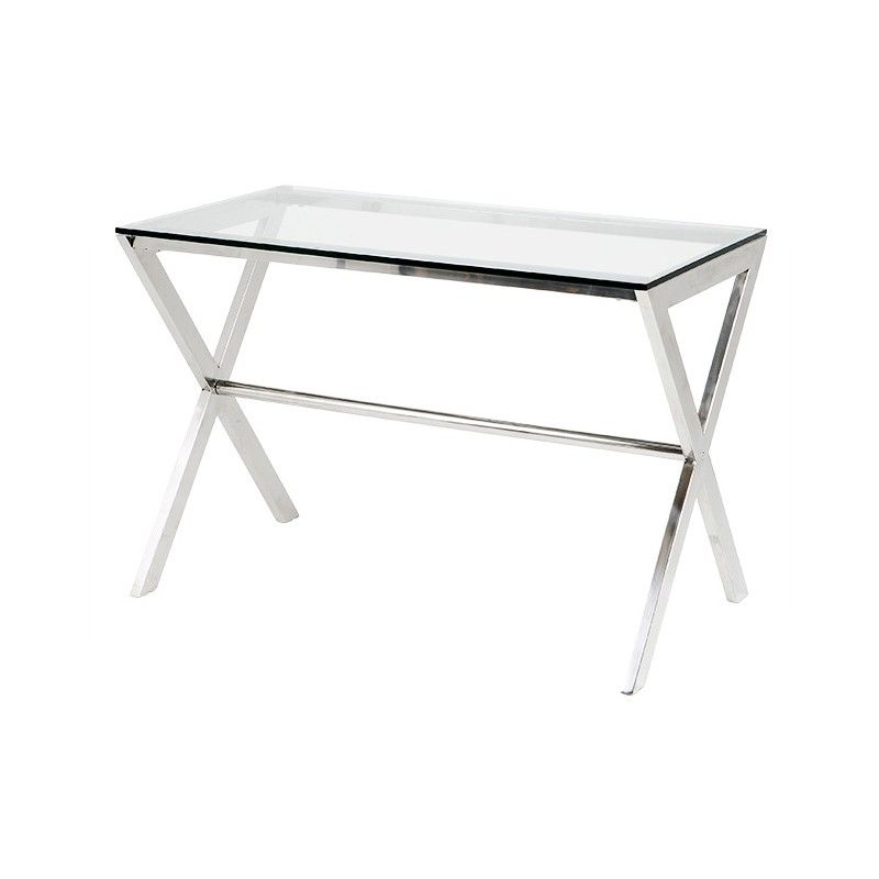 Stainless steel criss cross legged desk with glass top