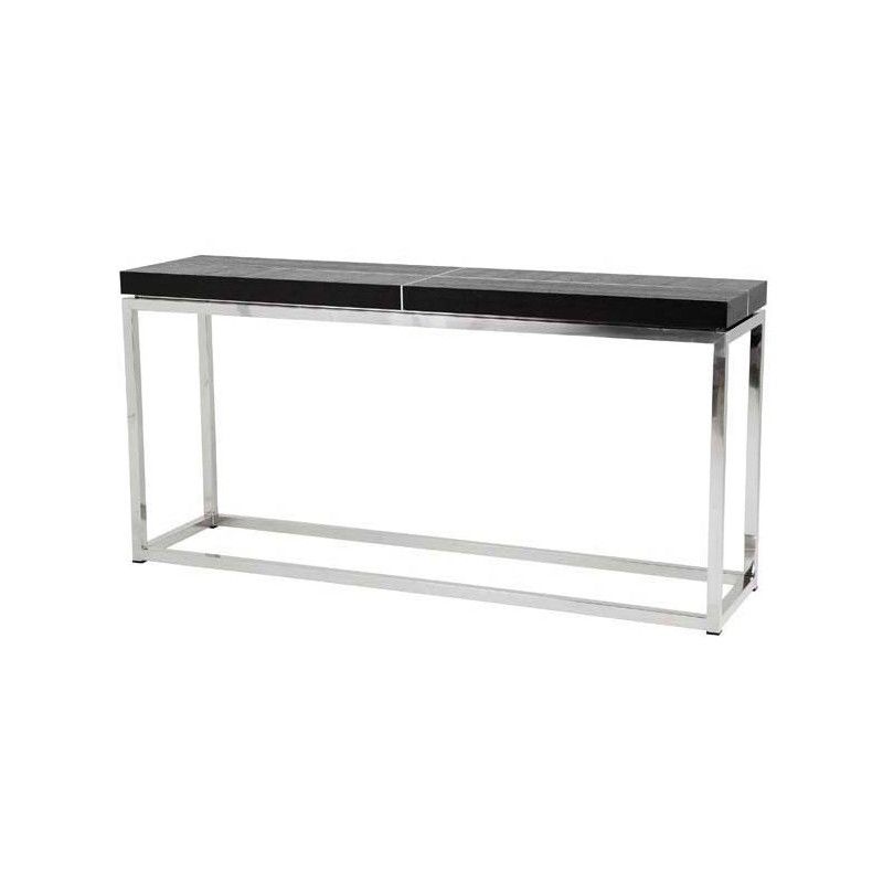Black oak top console table with polished stainless steel base