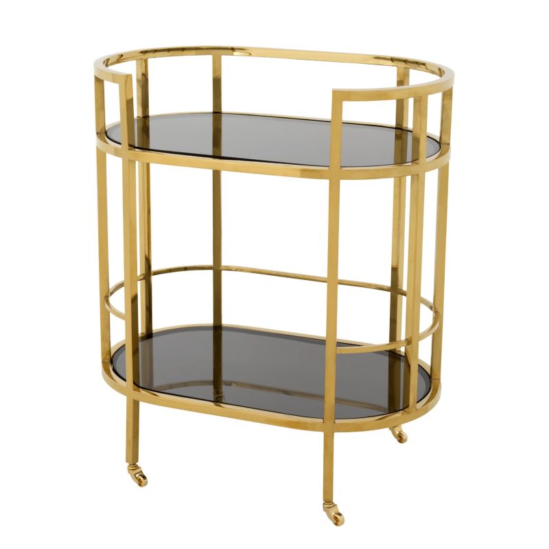 Gold framed drinks trolley with 2 glass shelves