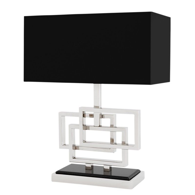 Sleek nickel frame, black granite base table lamp with black shade