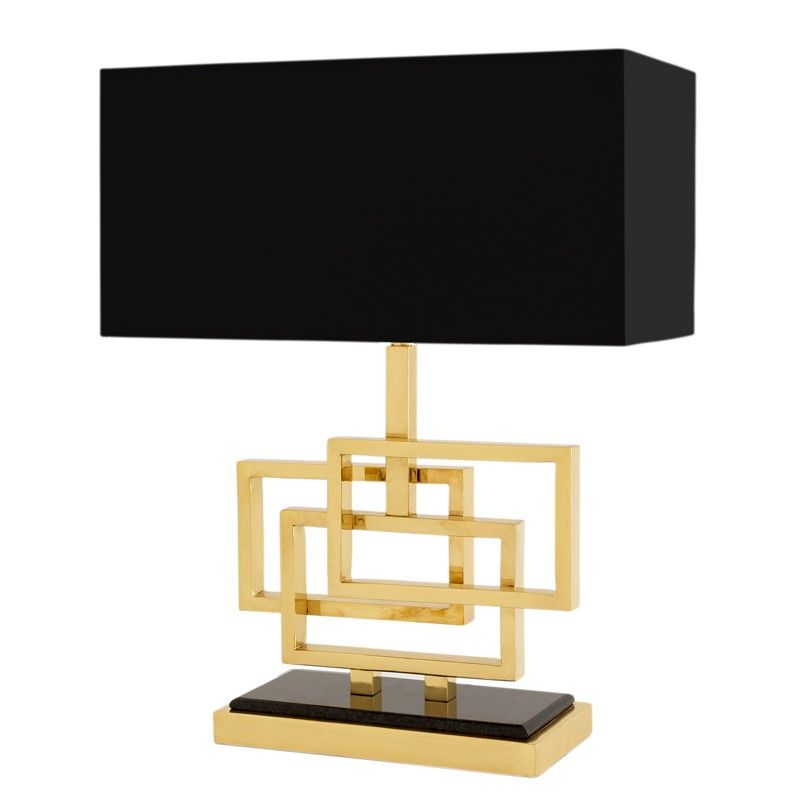 Sleek brass frame, black granite base table lamp with black shade