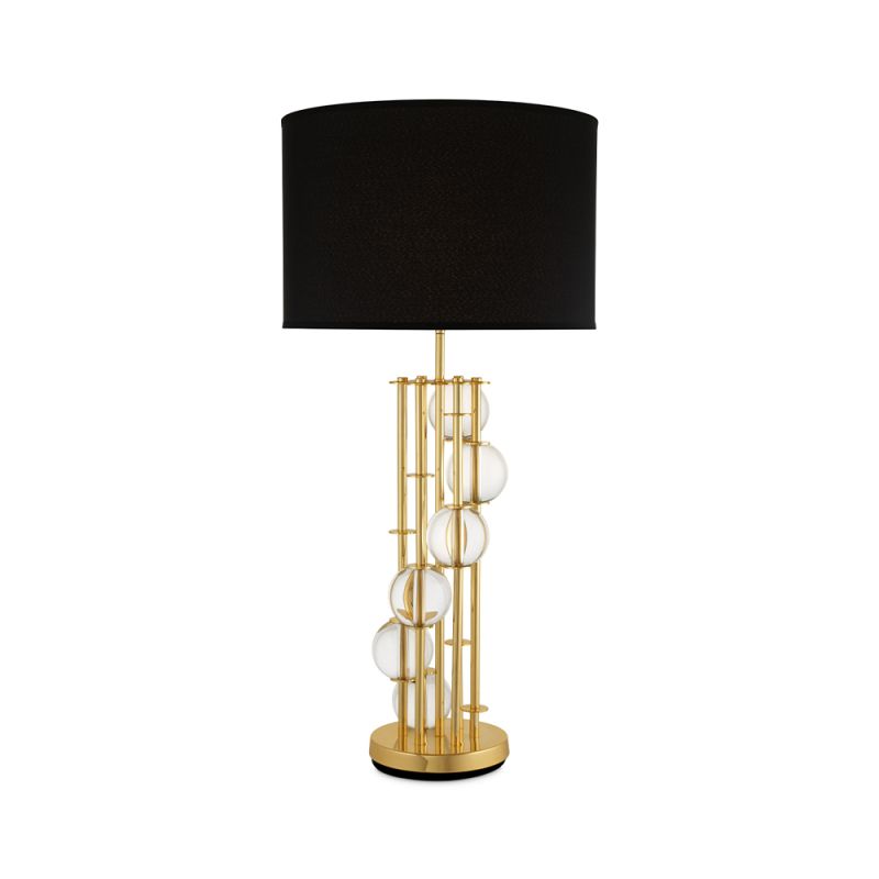 A glamorous table lamp with six crystal orbs, a polished gold finish and a lovely black shade