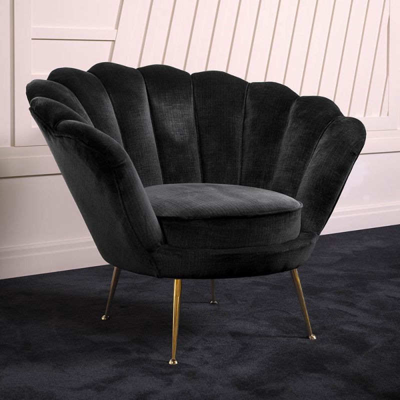 Black art-deco inspired chair with shell design back and gold legs