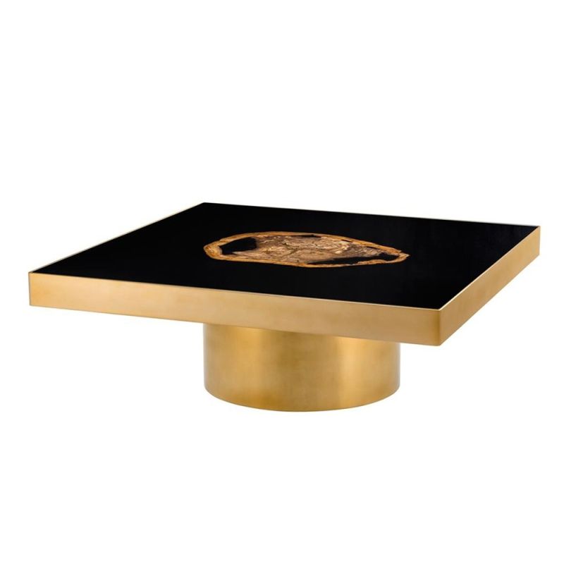 Brass framed coffee table with wooden feature in the black table centre