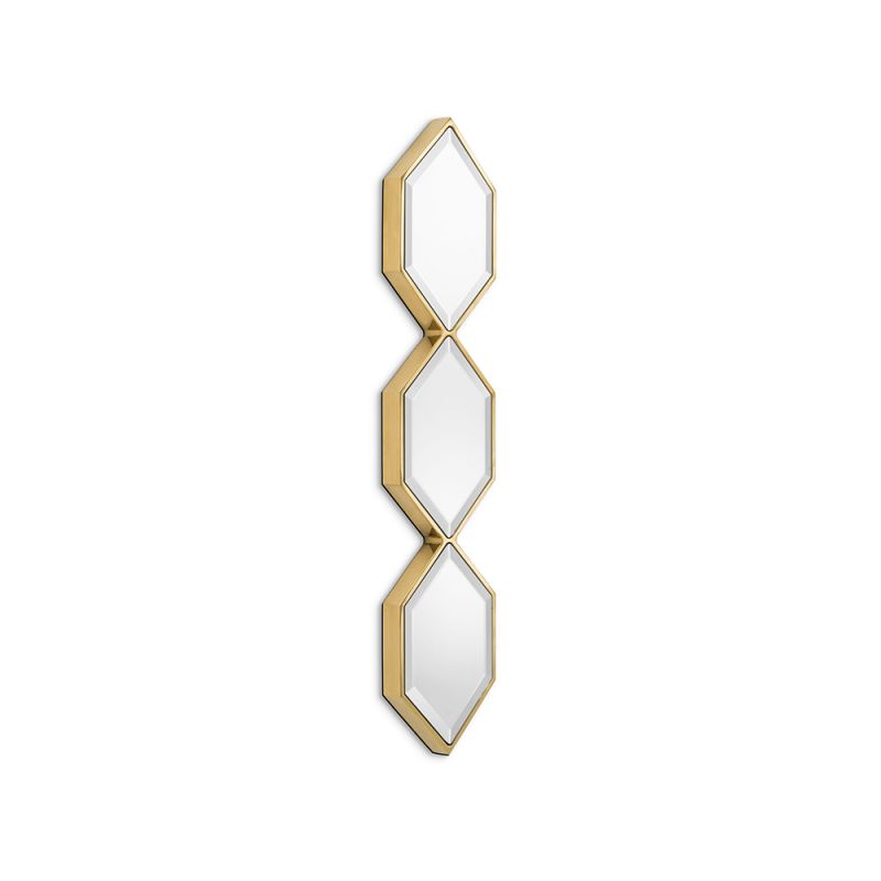 A glamorous wall mirror by Eichholtz with three hexagonal bevelled mirrors and a gold finish 