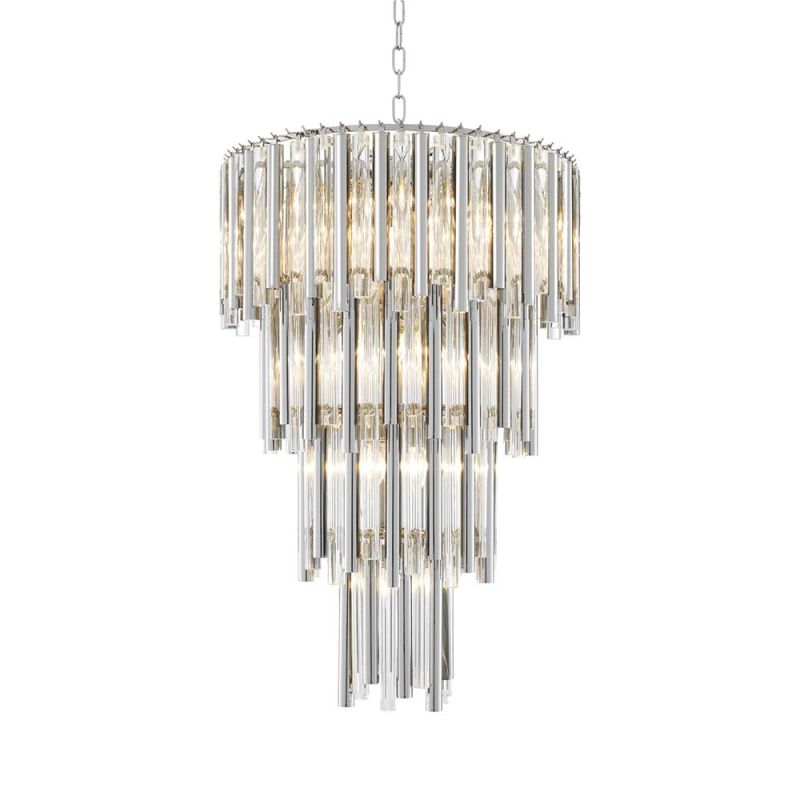 Glamorous glass droplet 4 tier chandelier in a nickel finish
