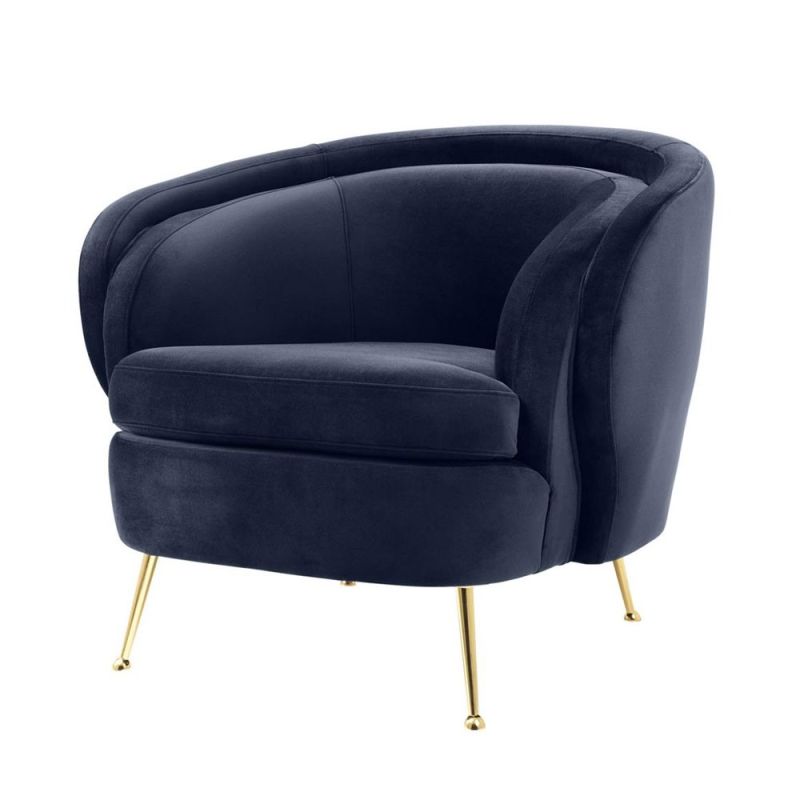 Retro round midnight blue velvet chair with tapered legs