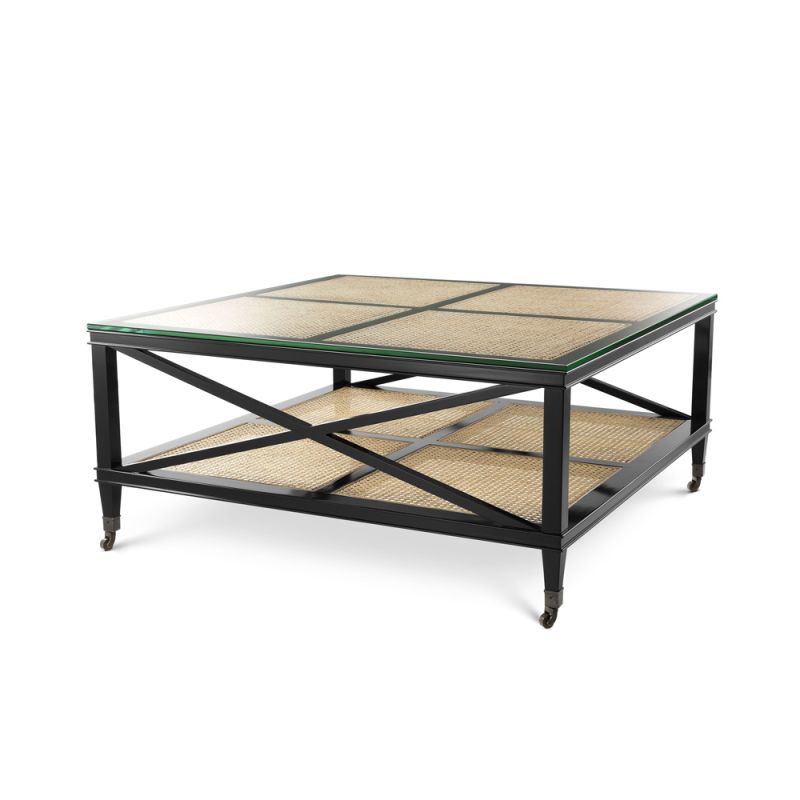 A stylish black mahogany and rattan coffee table