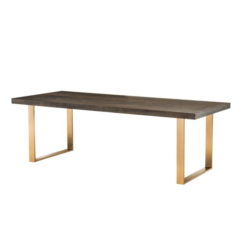 retro scandinavian brown oak table with brush brass base