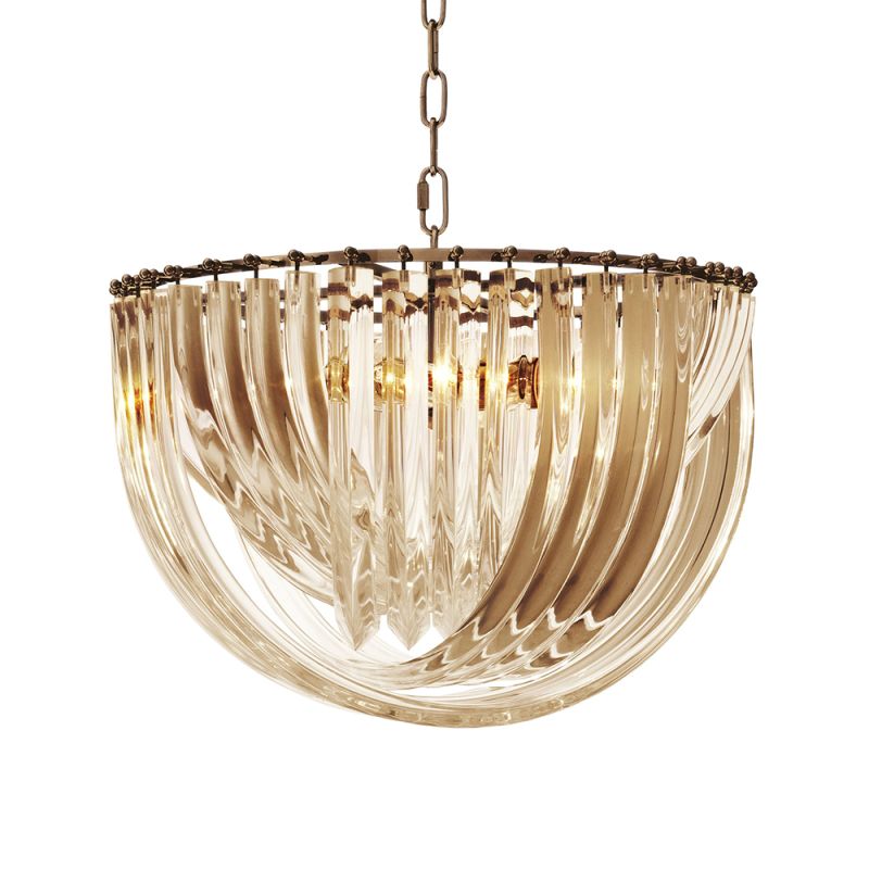 A luxurious, Art Deco, vintage styled chandelier with a champagne antique brass finish 